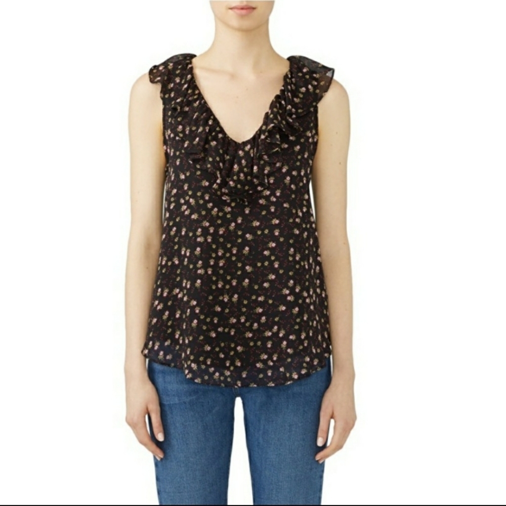 Rebecca Minkoff blouse Carlisle Black floral sleeveless V-Neck XSmall career
